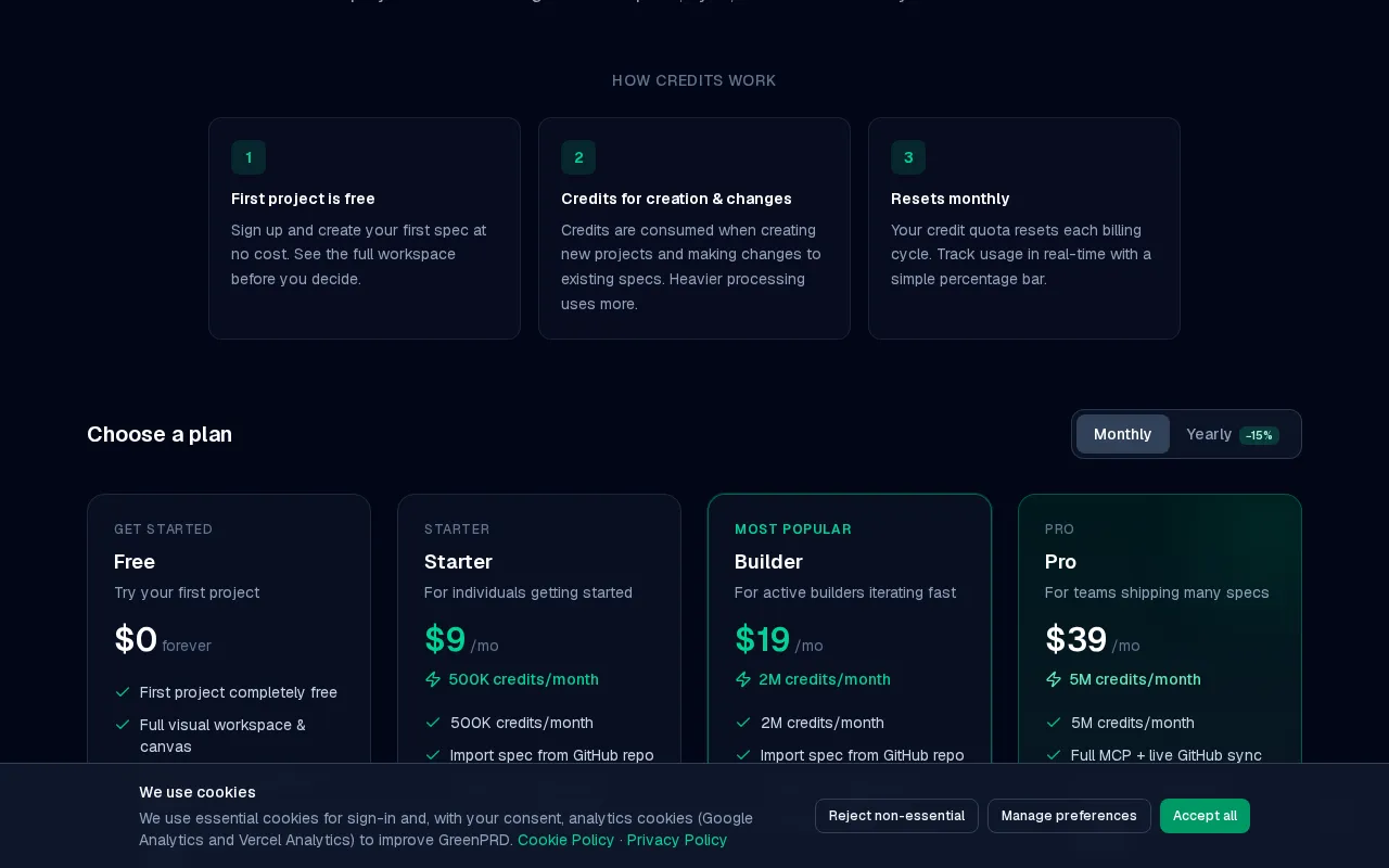GreenPRD — pricing page