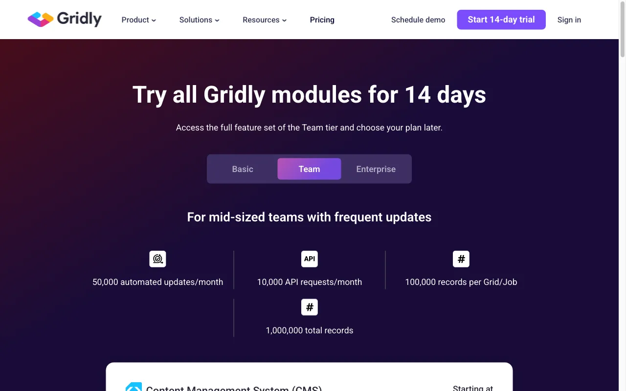 Gridly — pricing page