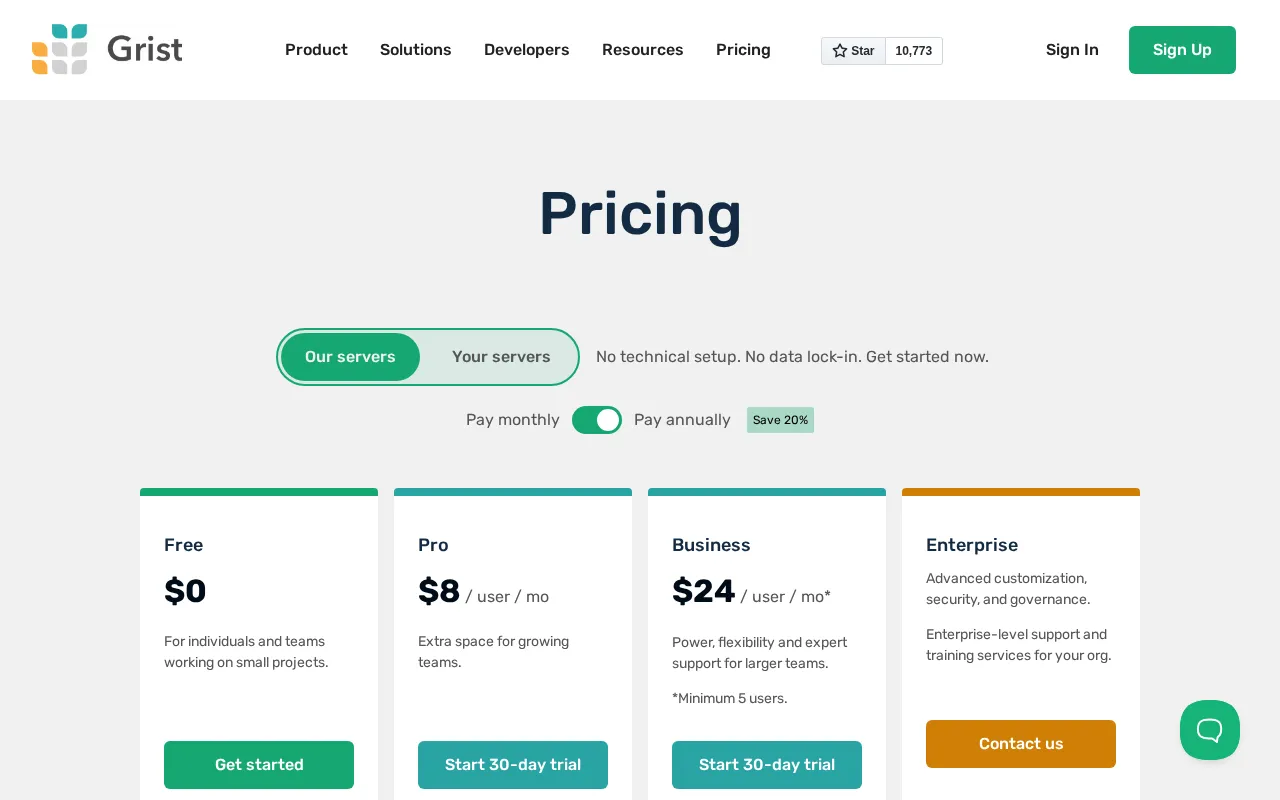 Grist — pricing page