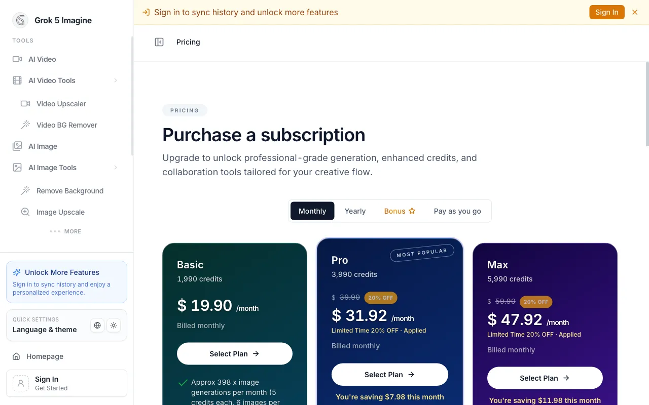 Grok 5 Imagine — pricing page