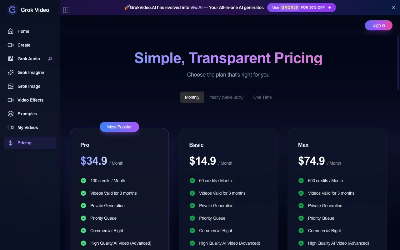 GrokVideo.AI — pricing page