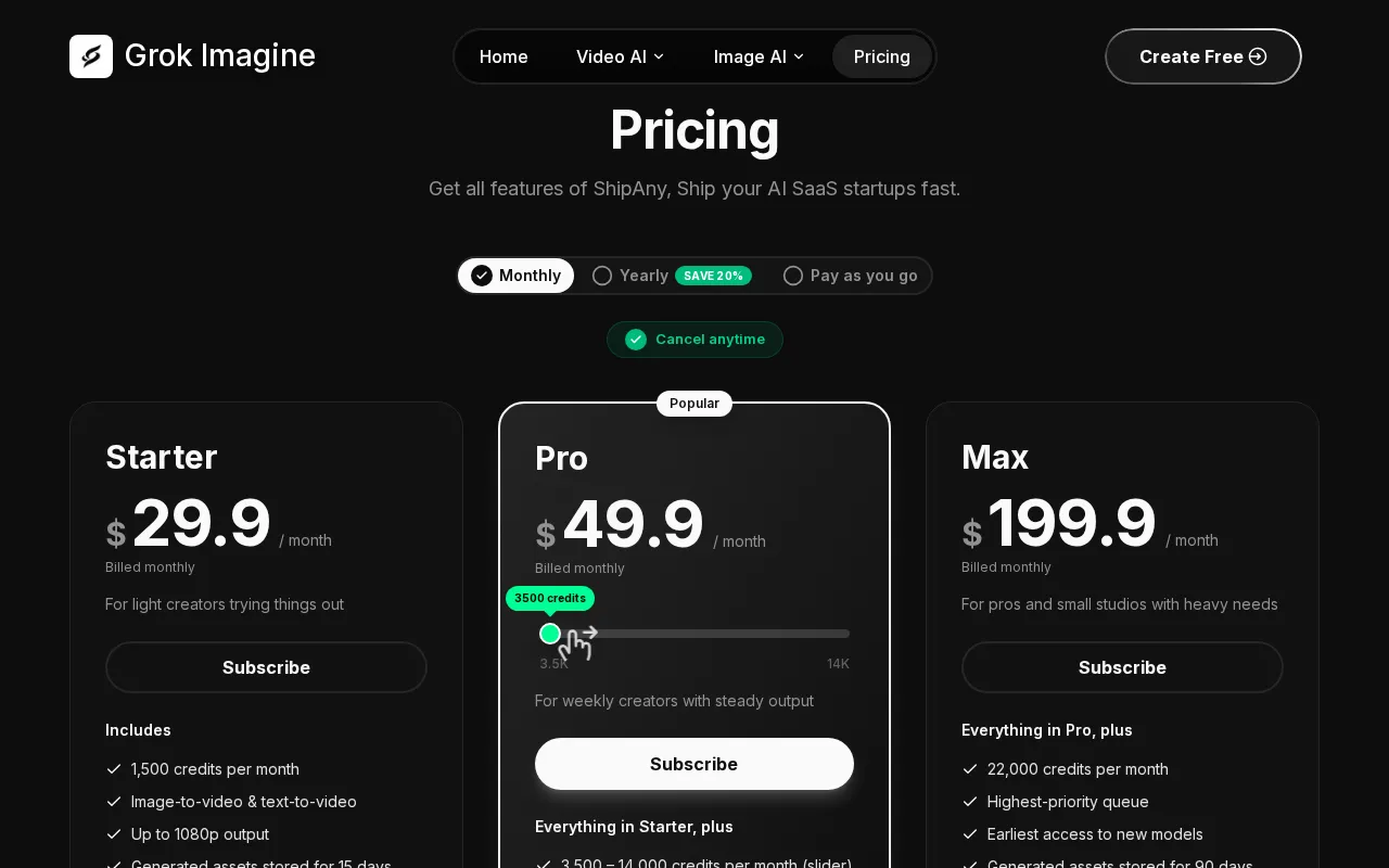 grokimagine.io — pricing page