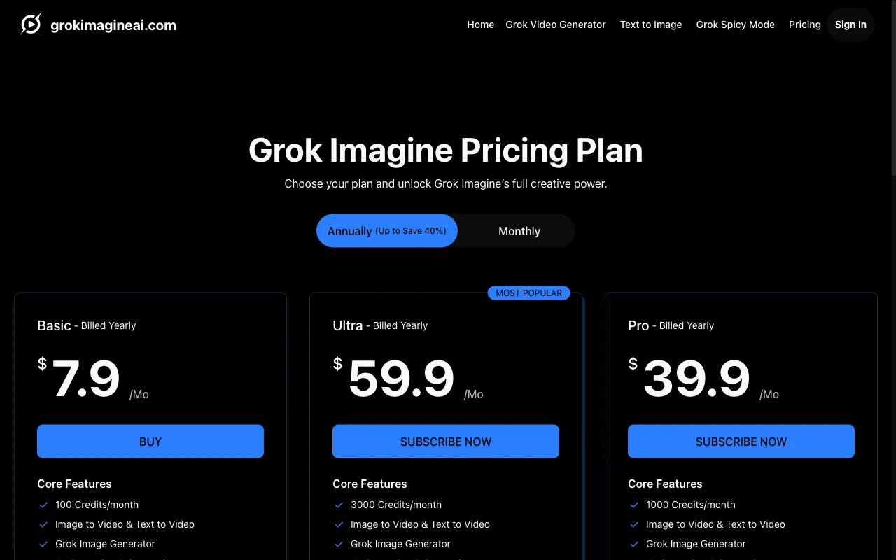 GrokImagineAI.com:Free AI Image & Video Generator With Grok — pricing page
