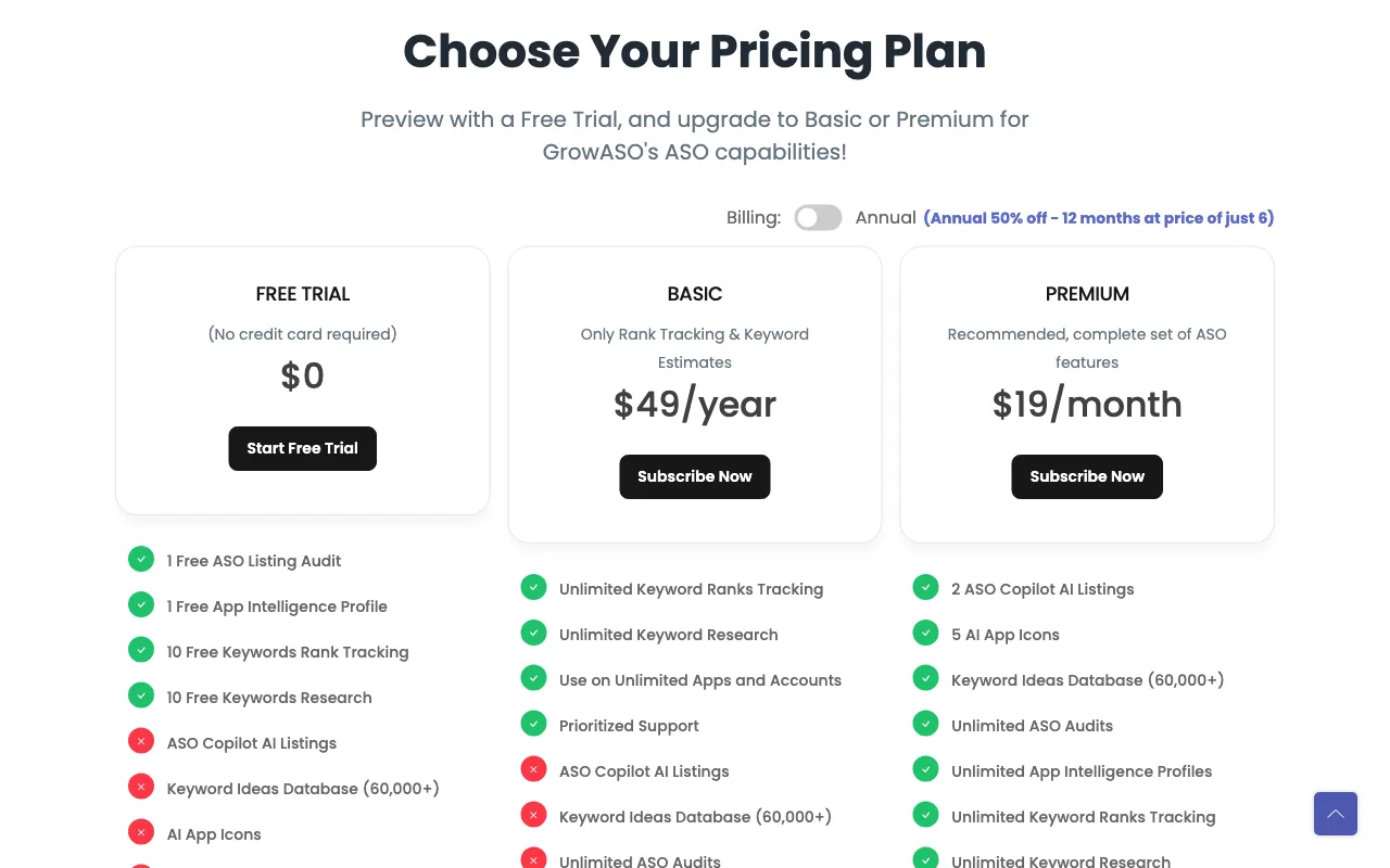 GrowASO — pricing page