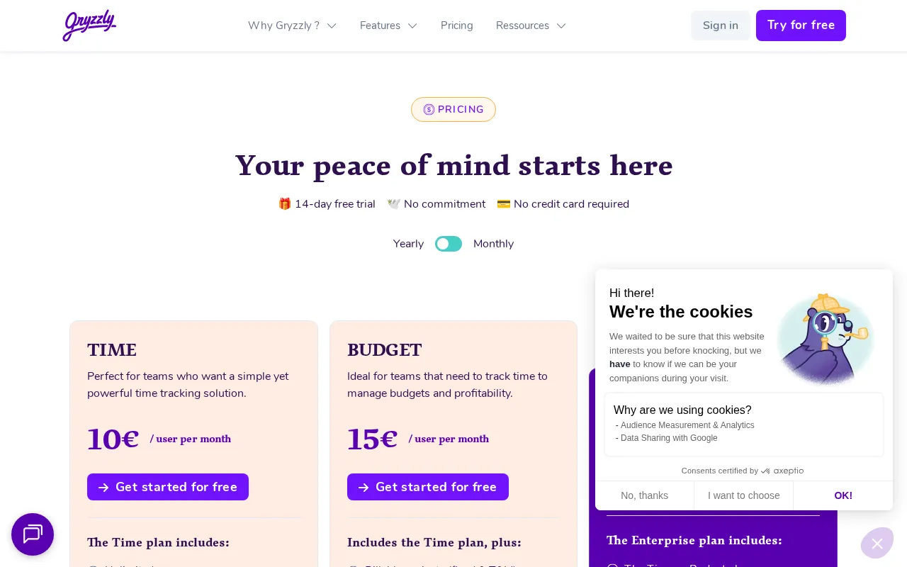 Gryzzly Time and budget Tracking — pricing page