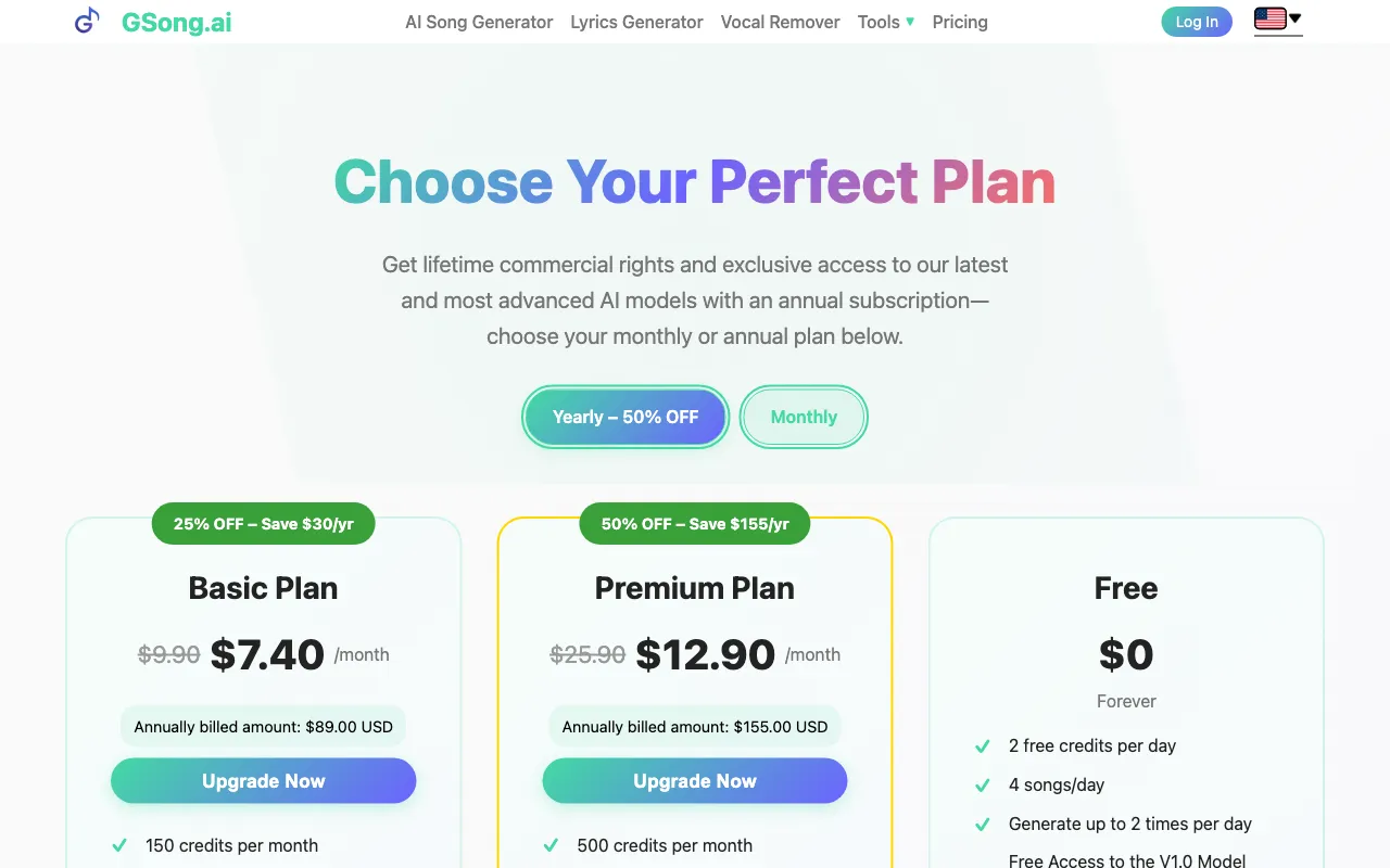 GSong.ai — pricing page