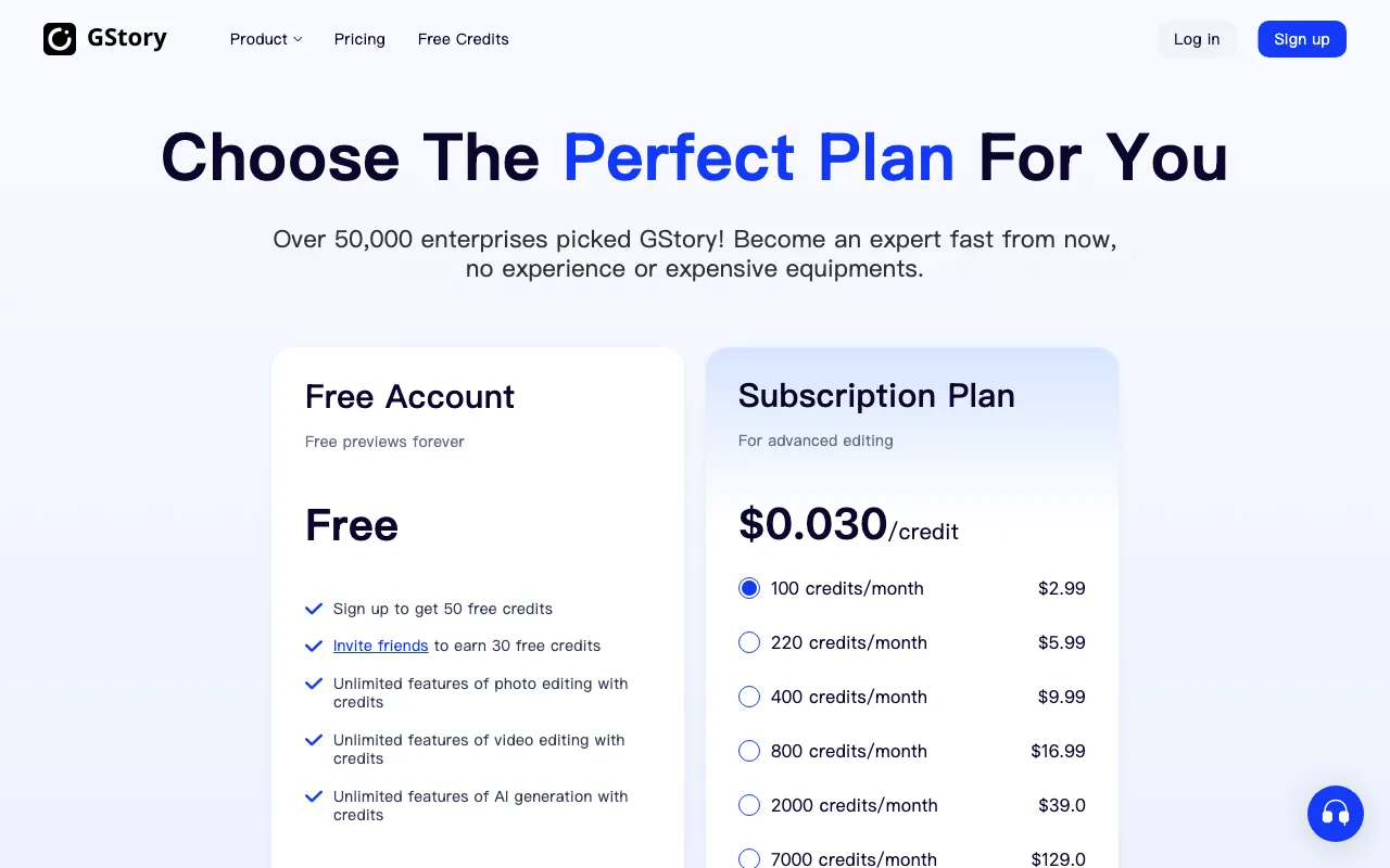 GStory AI — pricing page