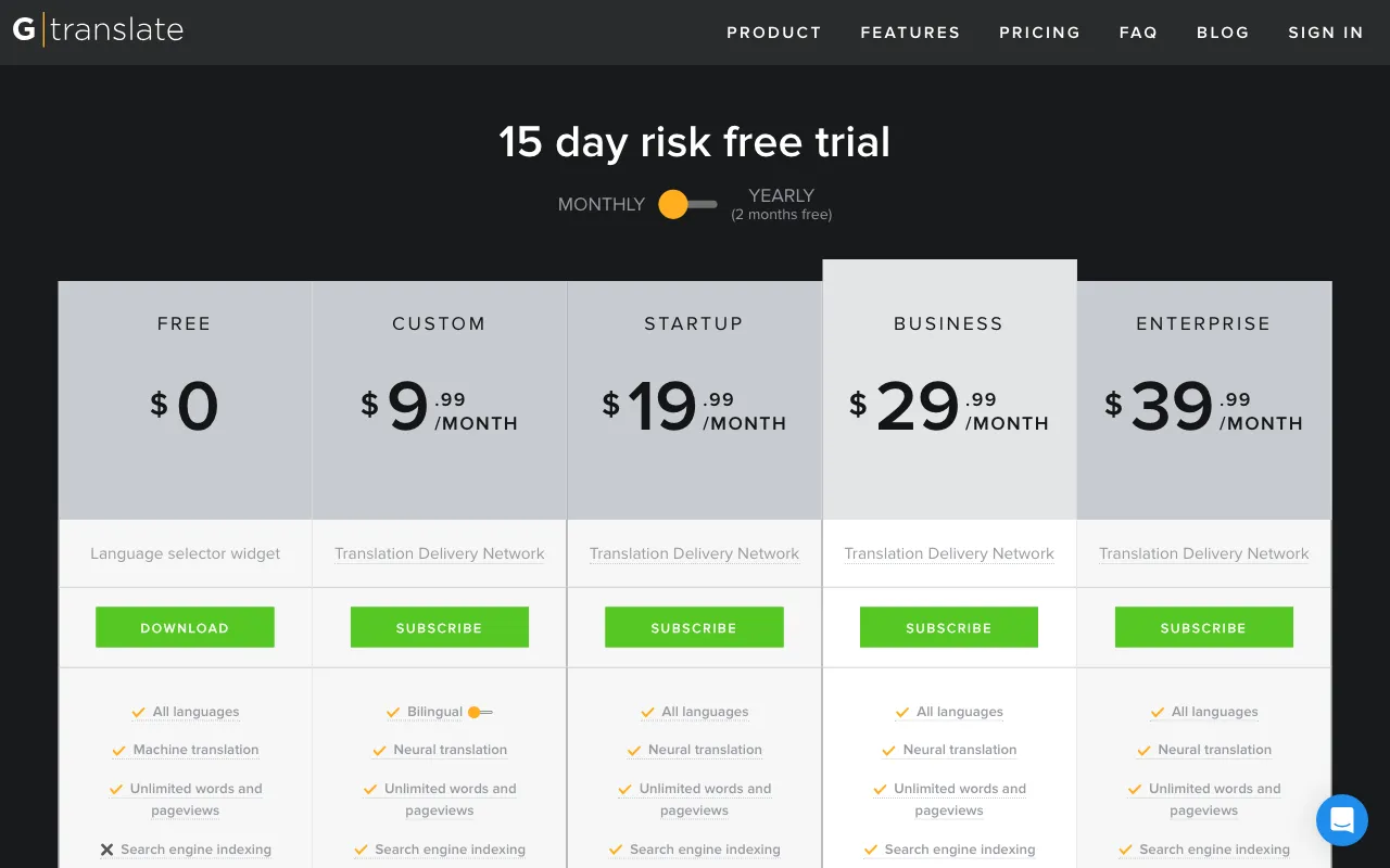GTranslate — pricing page