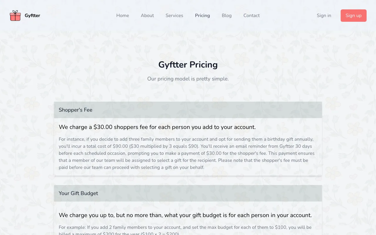 Gyftter — pricing page