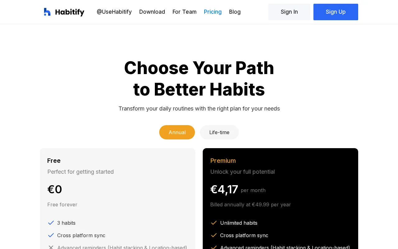Habitify — pricing page