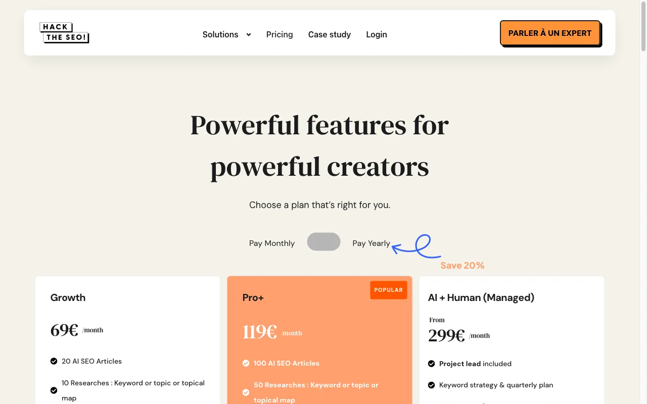 Hack the SEO — pricing page