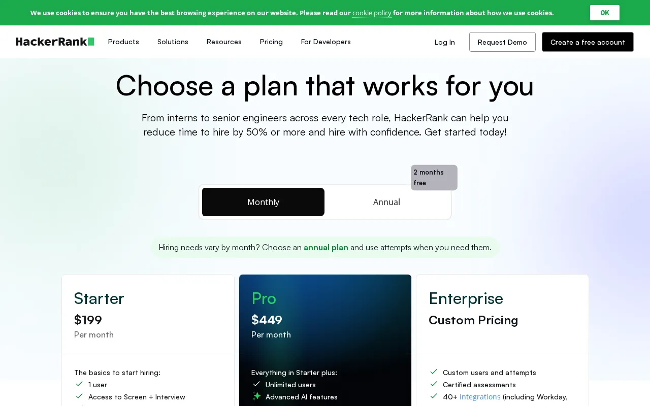 HackerRank AI — pricing page