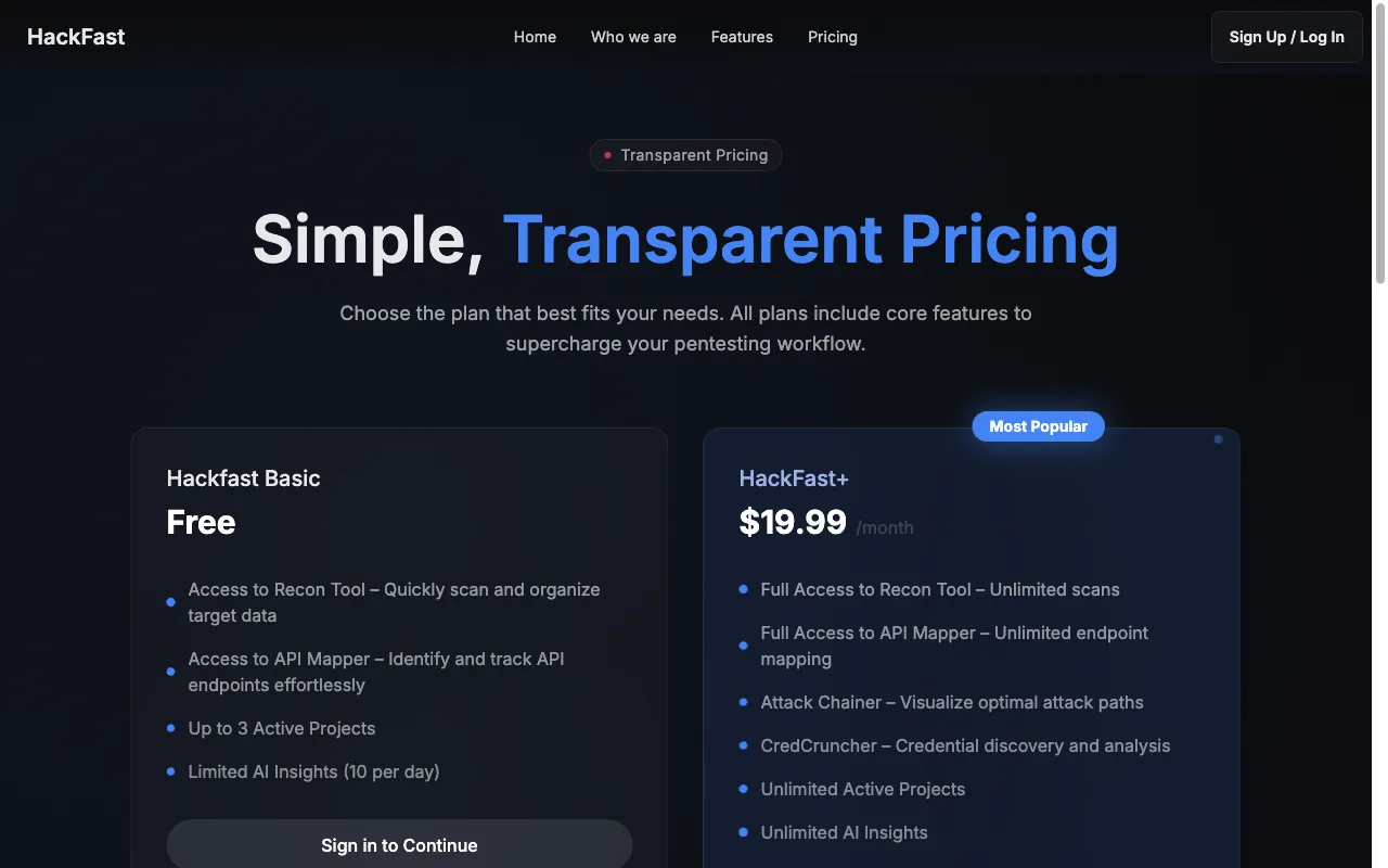 HackFast — pricing page