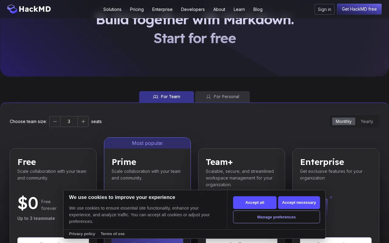 HackMD — pricing page