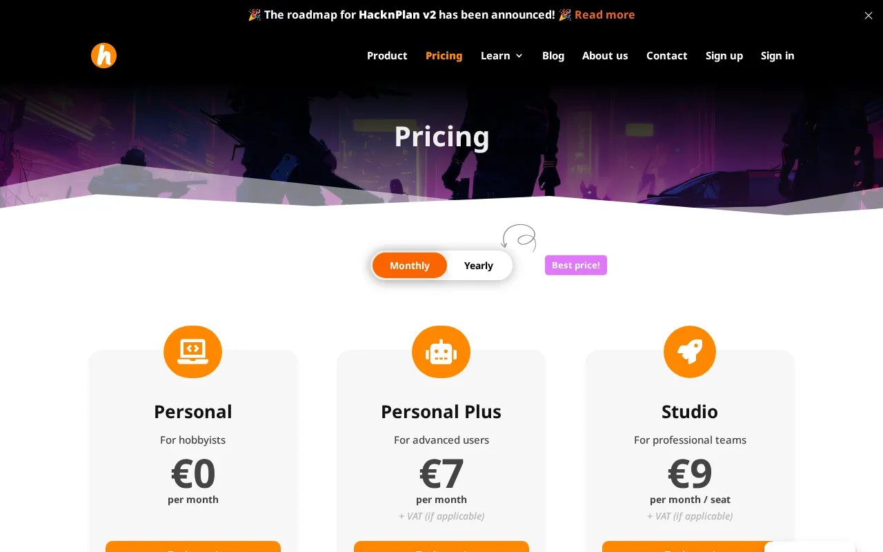 HacknPlan — pricing page
