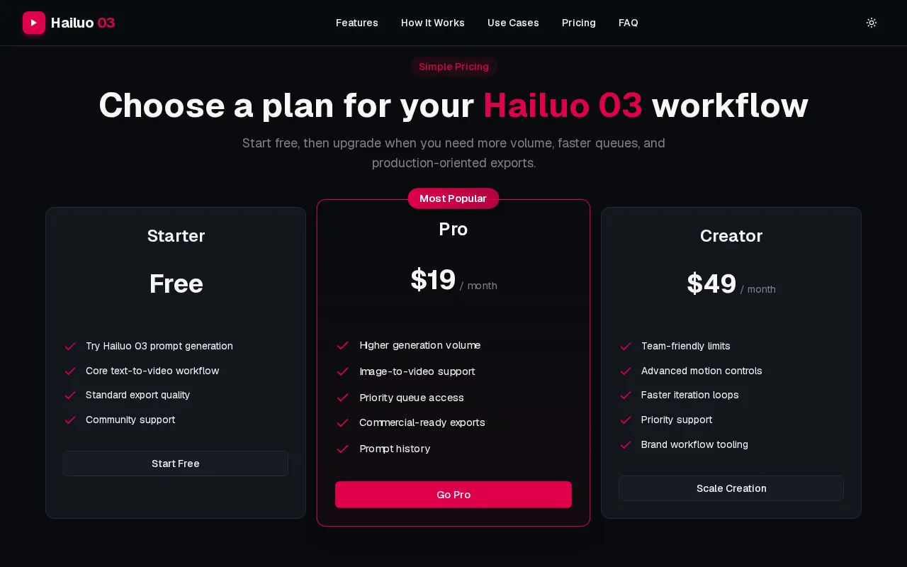 Hailuo 03 — pricing page