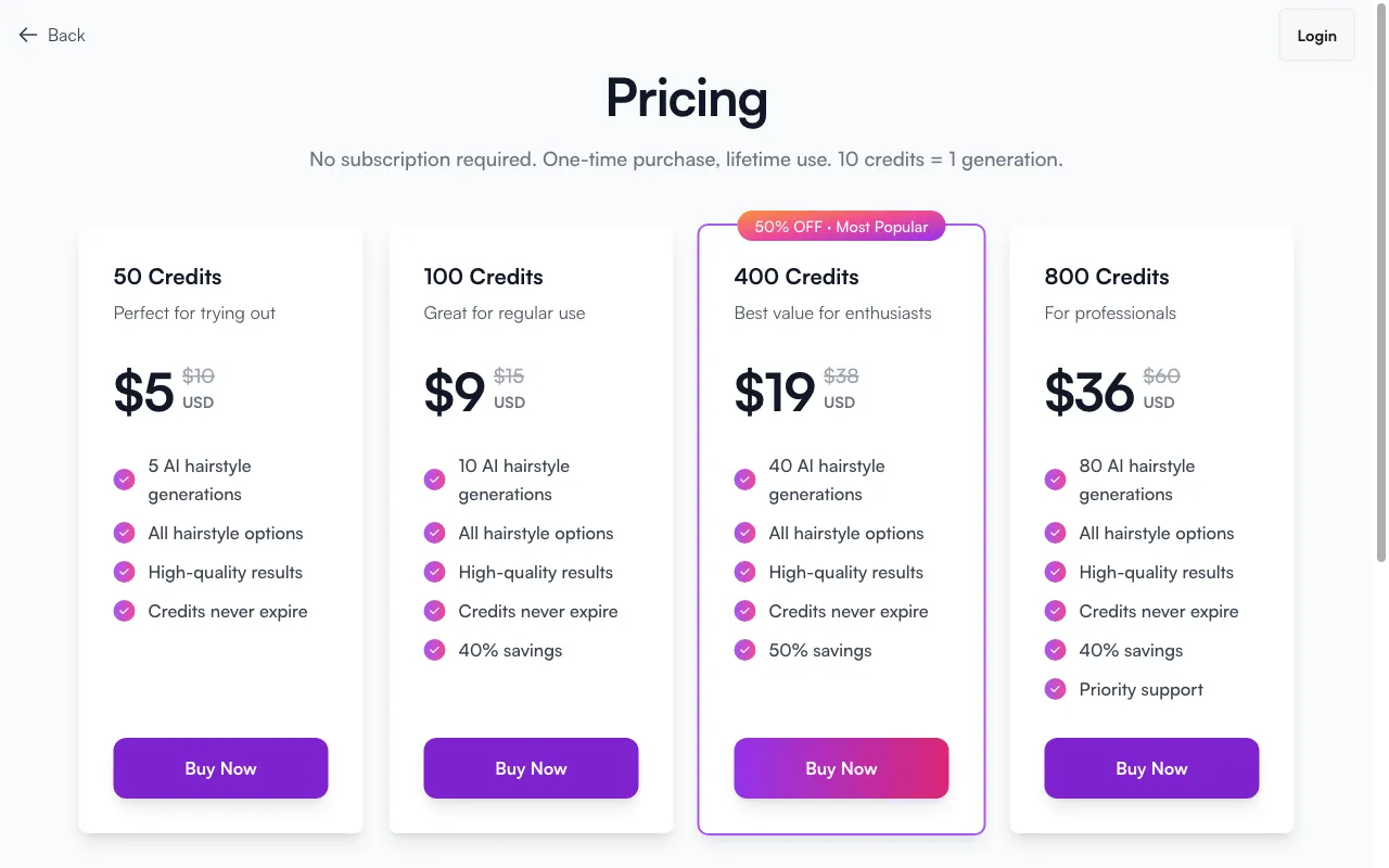 hair-style.ai — pricing page