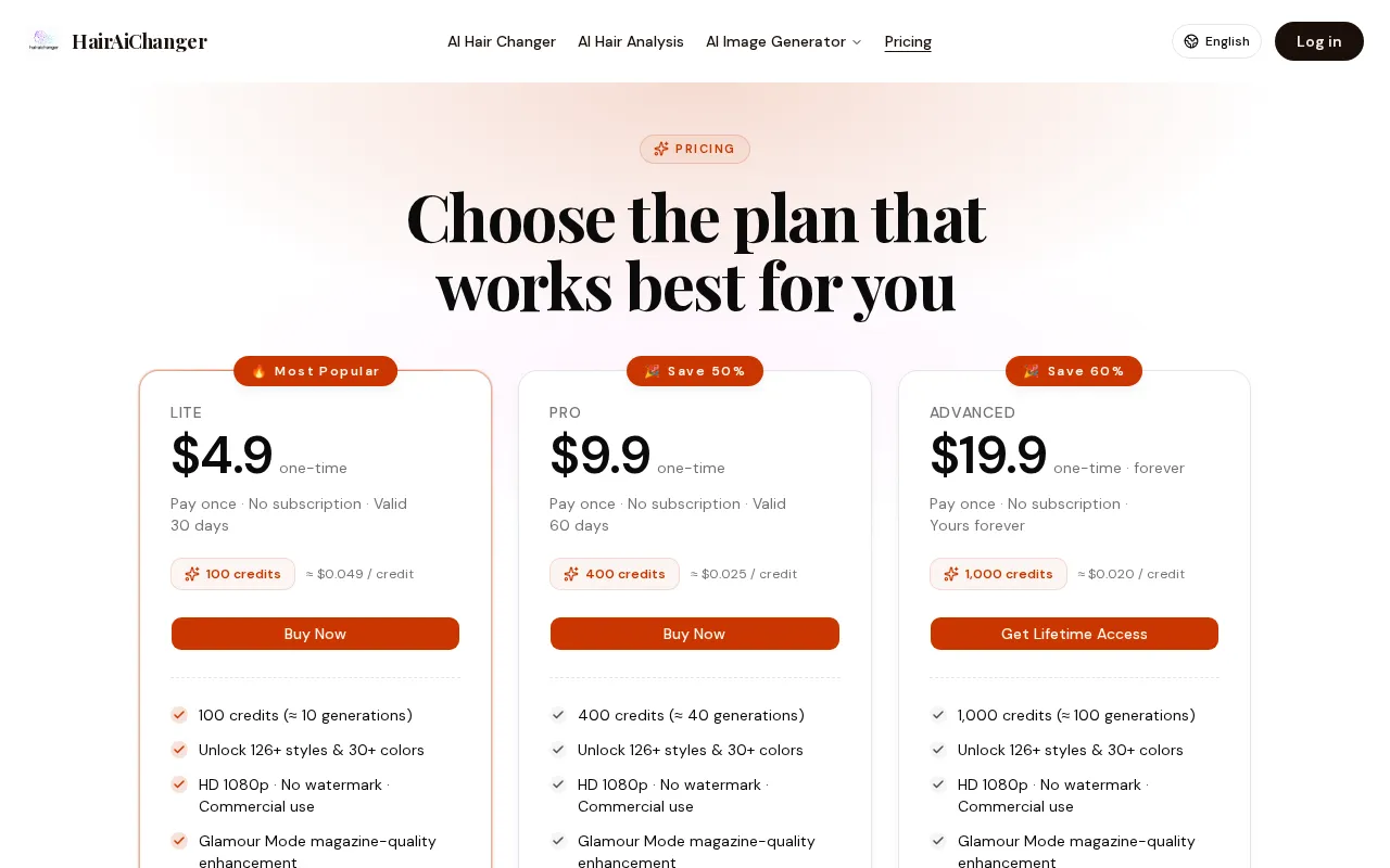 HairAiChanger — pricing page