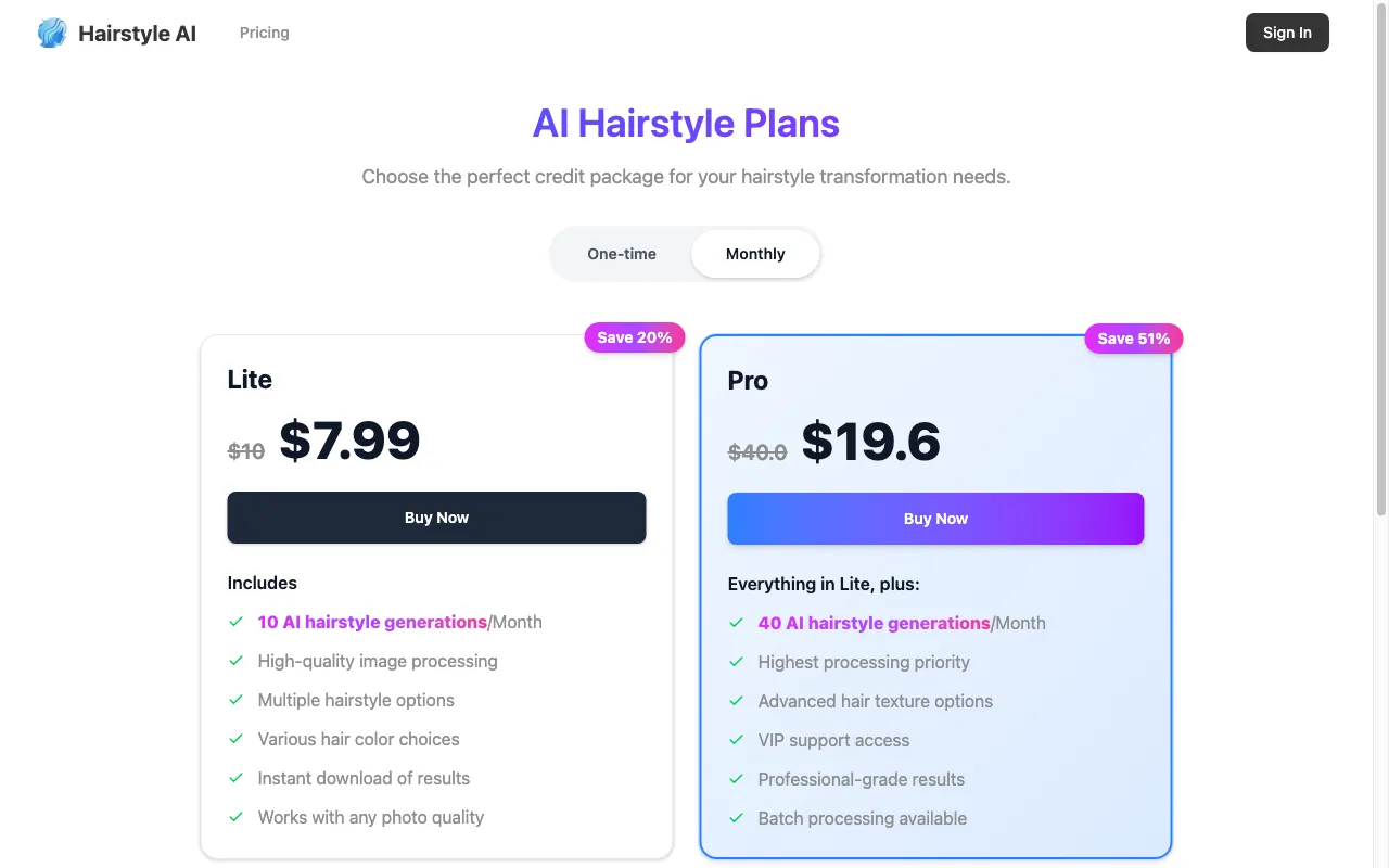 Hairstyle AI — pricing page
