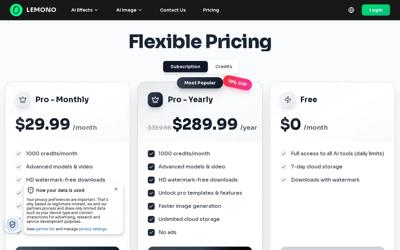 Hairstyle Changer by LEMONO AI — pricing page