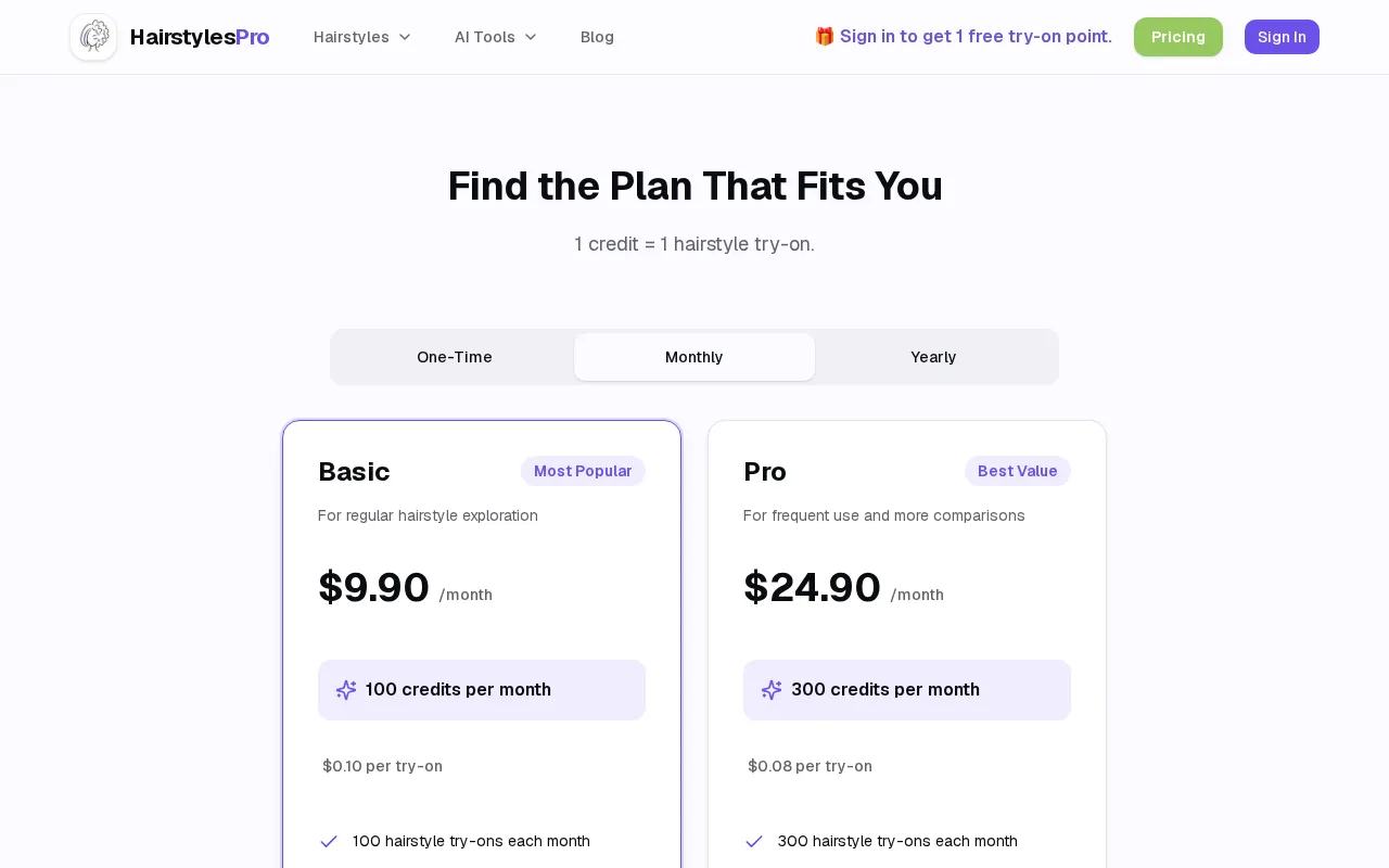 HairstylesPro — pricing page