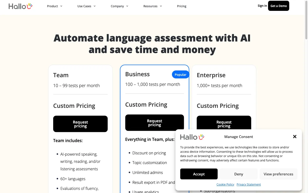 Hallo — pricing page