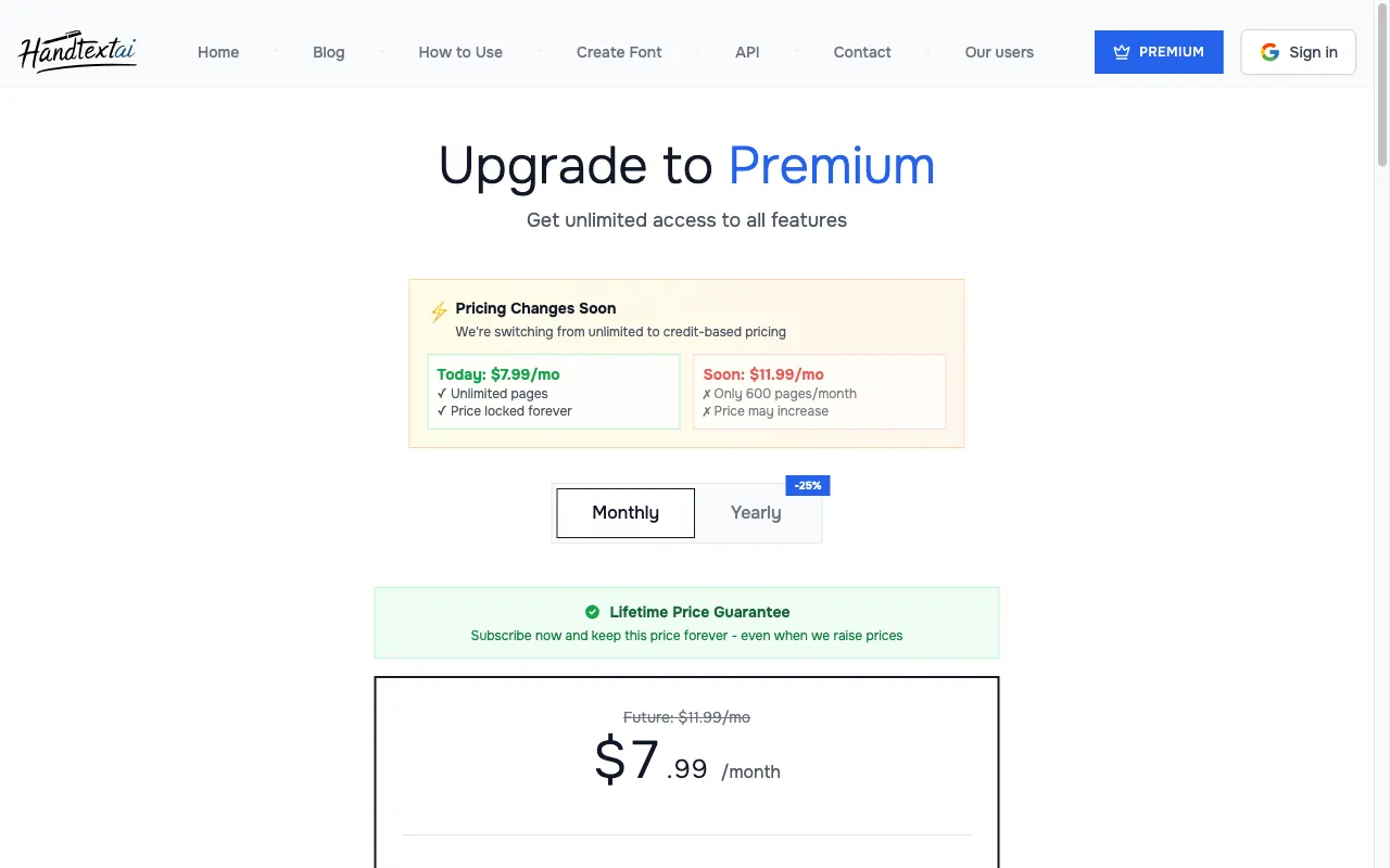 HandtextAI — pricing page