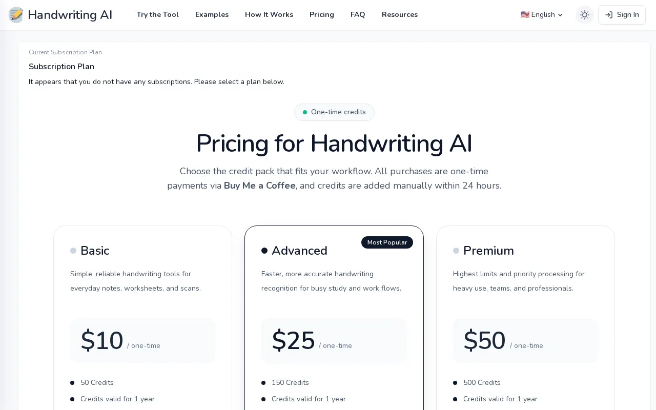 Handwriting AI — pricing page