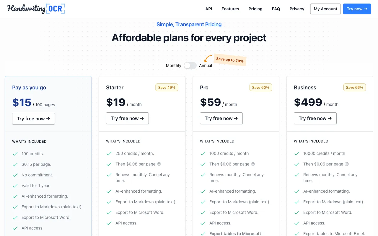 HandwritingOCR — pricing page