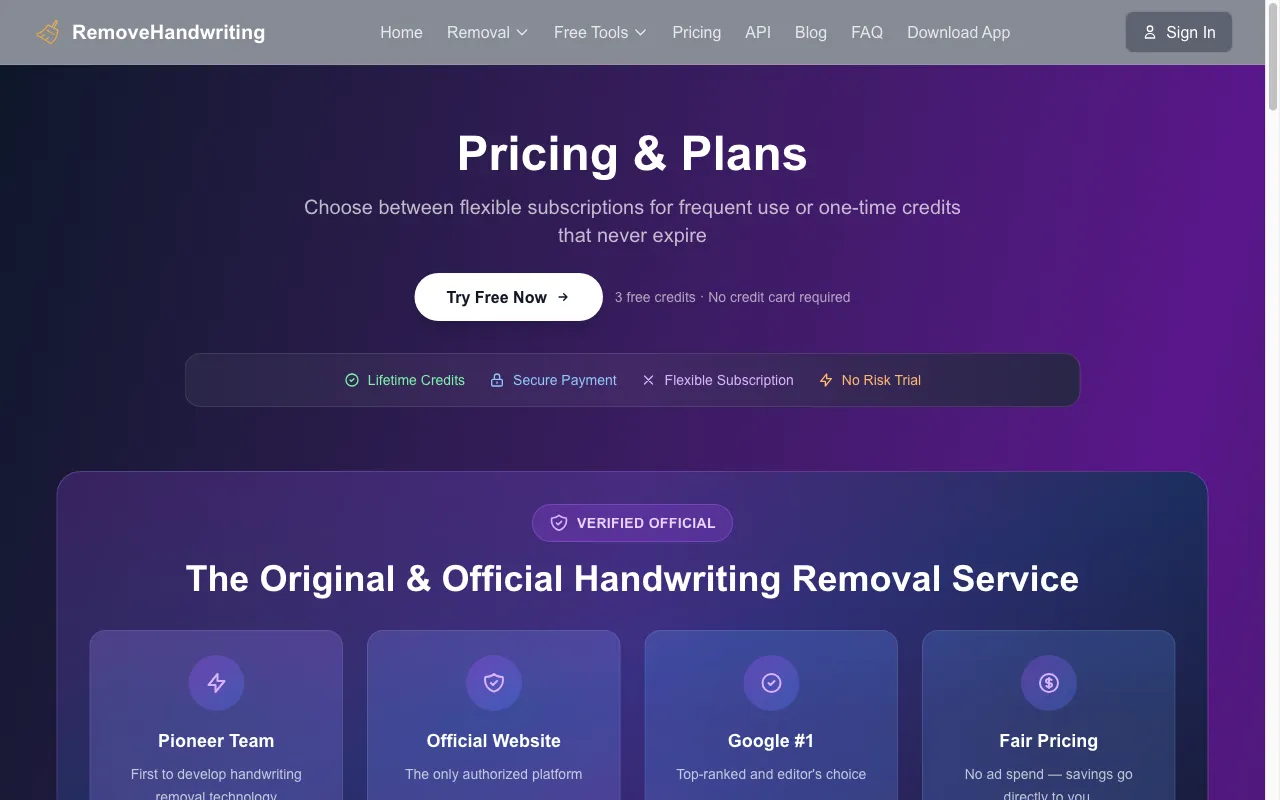 RemoveHandwriting — pricing page