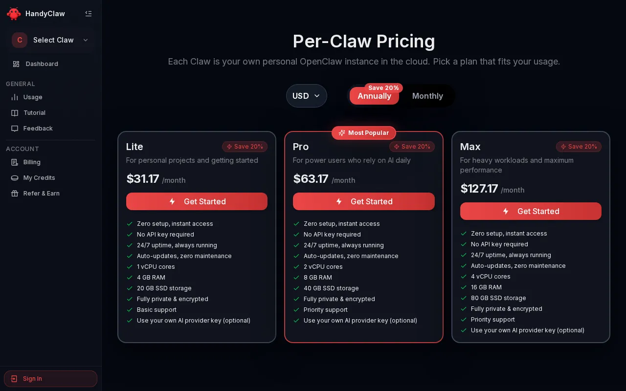 HandyClaw AI — pricing page