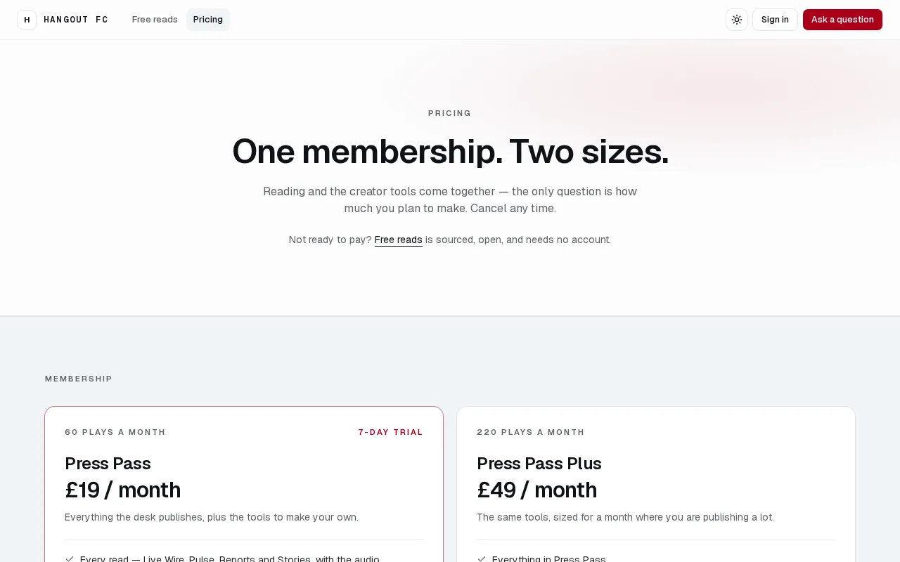 Hangout FC — pricing page