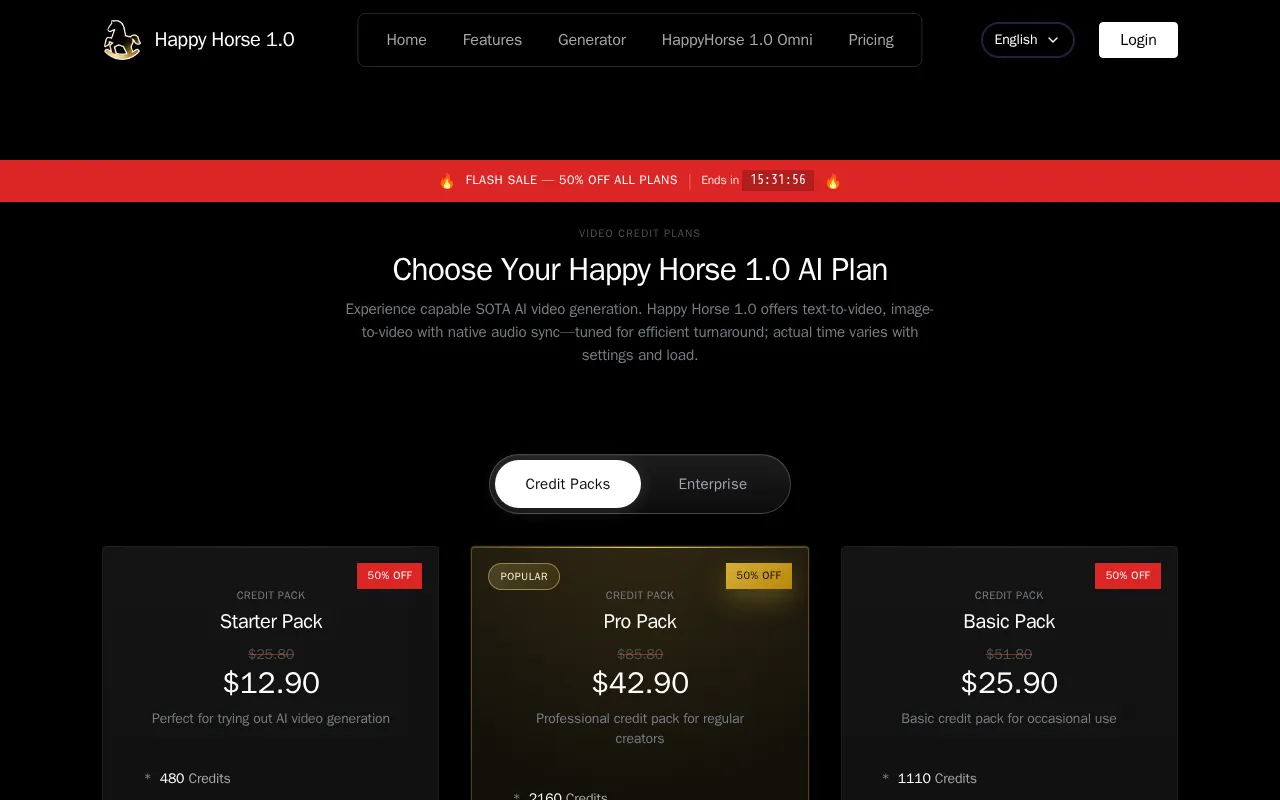 Happy Horse-1.0 AI — pricing page