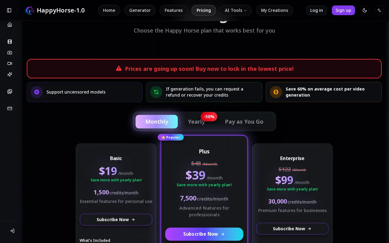 HappyHorse-1.0 — pricing page