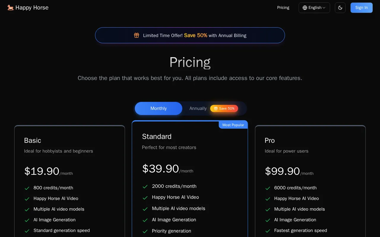 Happy Horse — pricing page