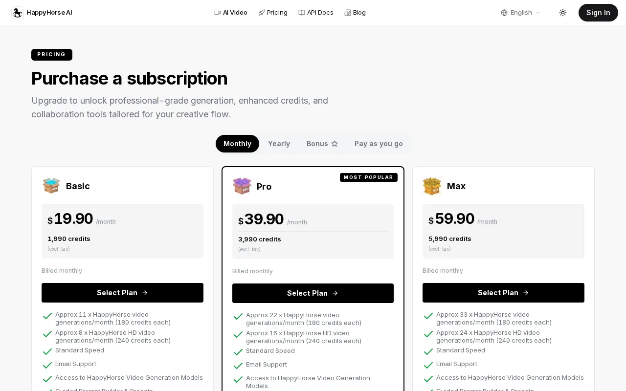 HappyHorse AI — pricing page
