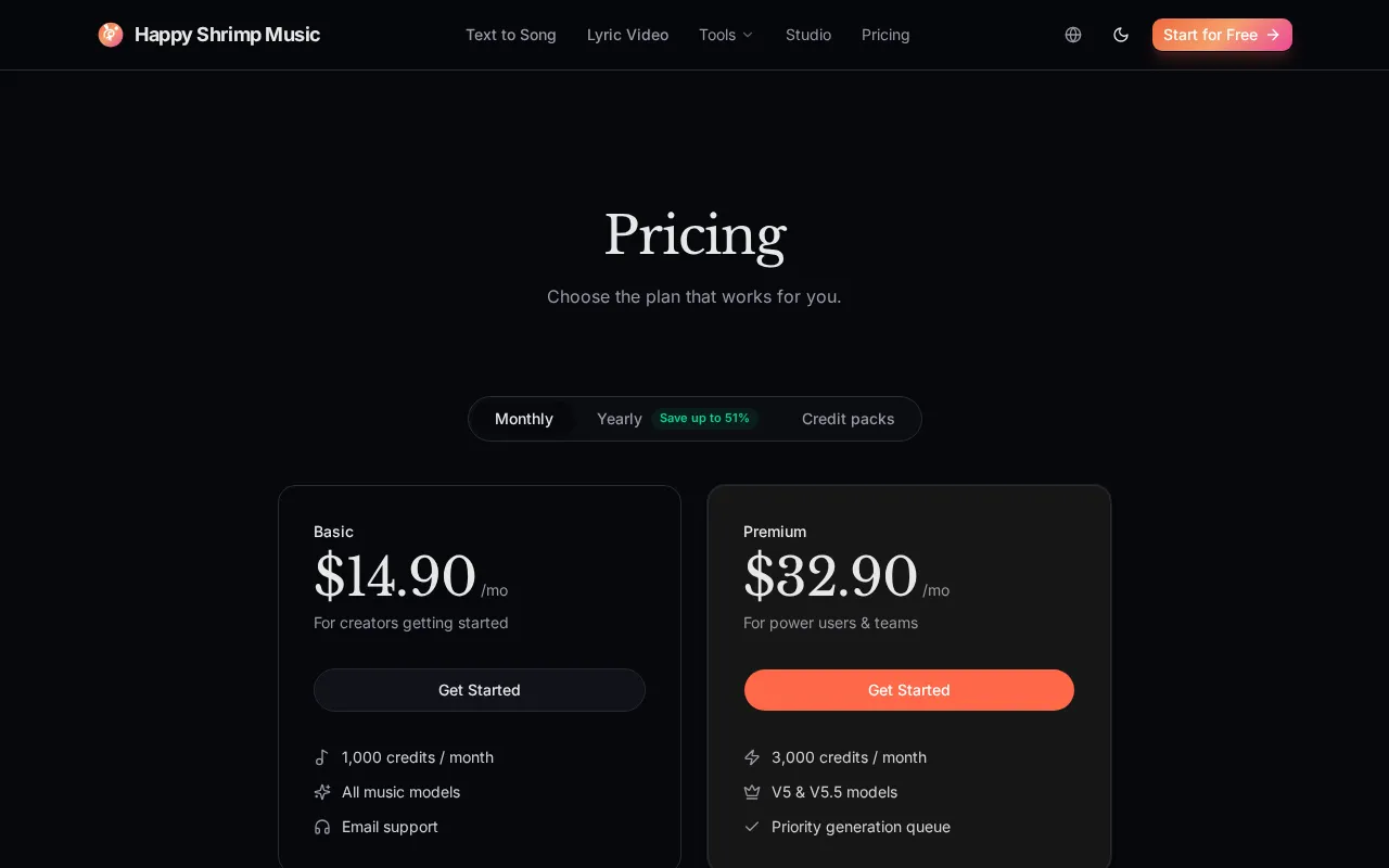 Happy Shrimp Music — pricing page