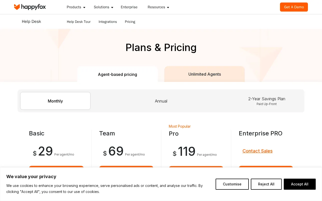 HappyFox Chat — pricing page