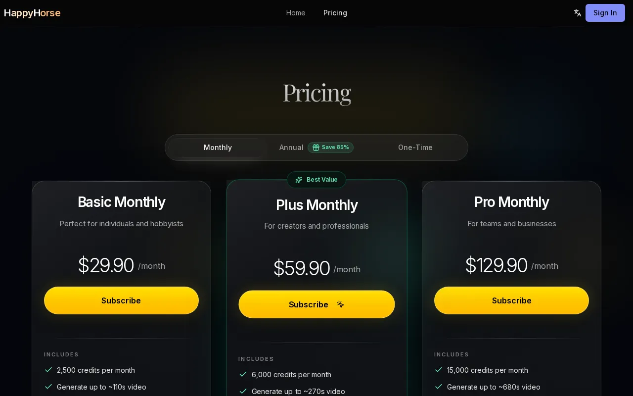 Happyhorse 1.0 AI — pricing page