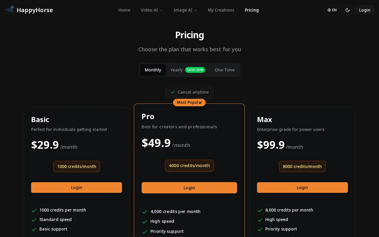 HappyHorse — pricing page