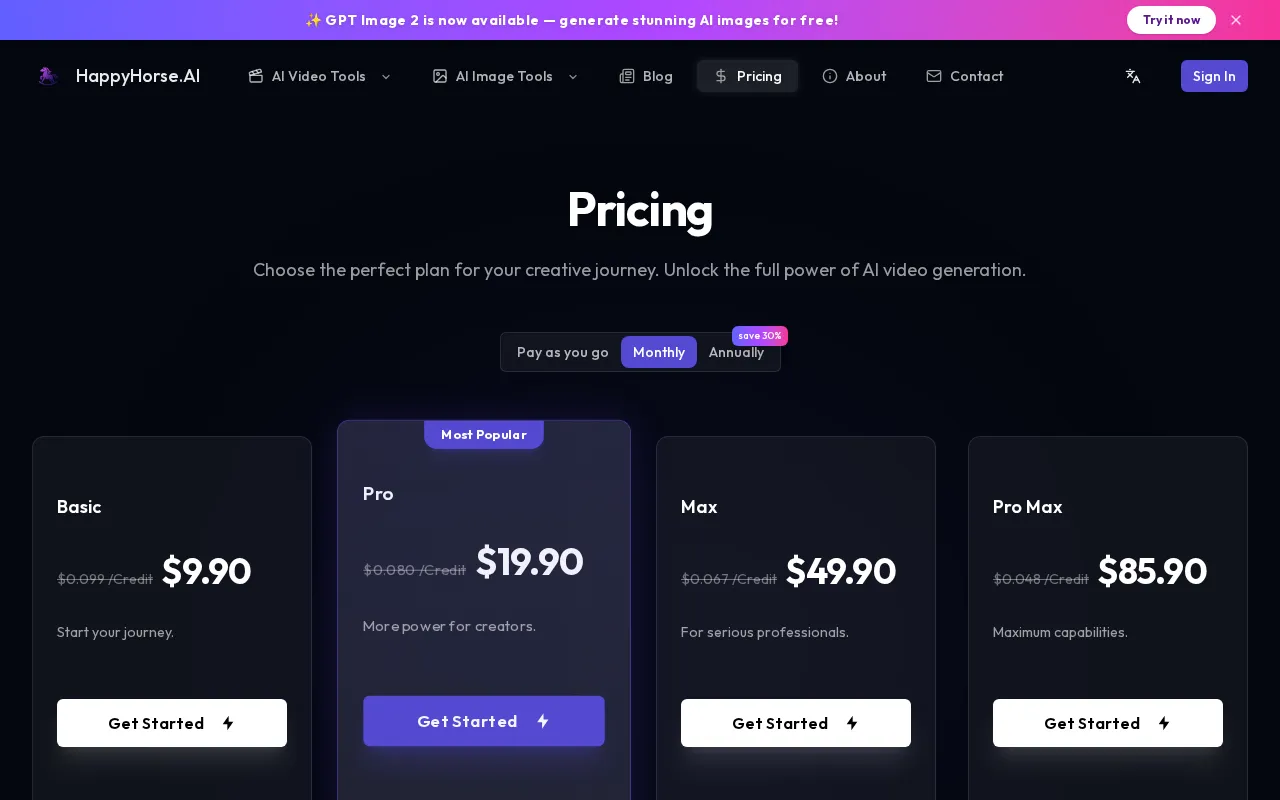HappyHorse.AI — pricing page