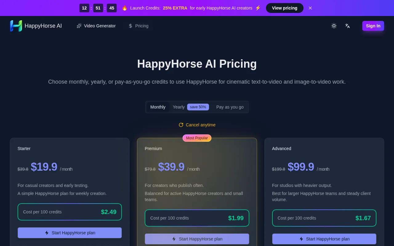 HappyHorse AI — pricing page