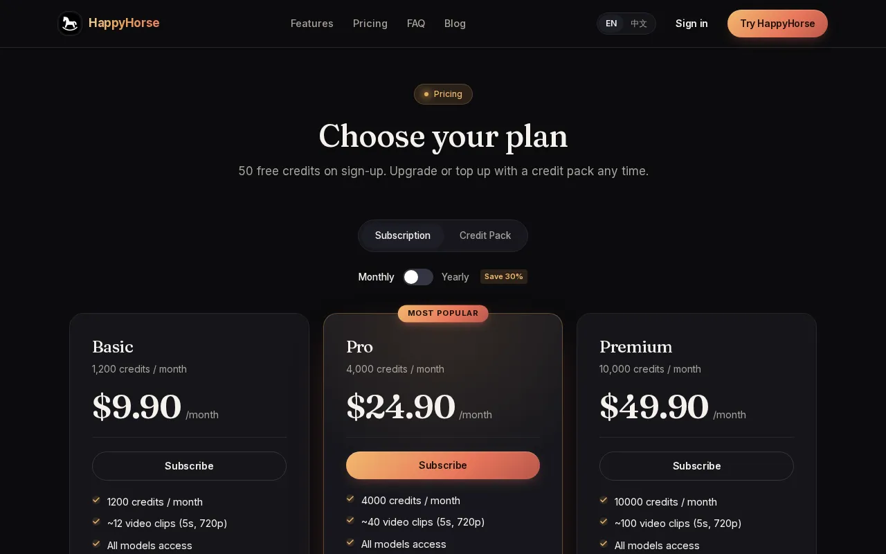 HappyHorse.mov — pricing page