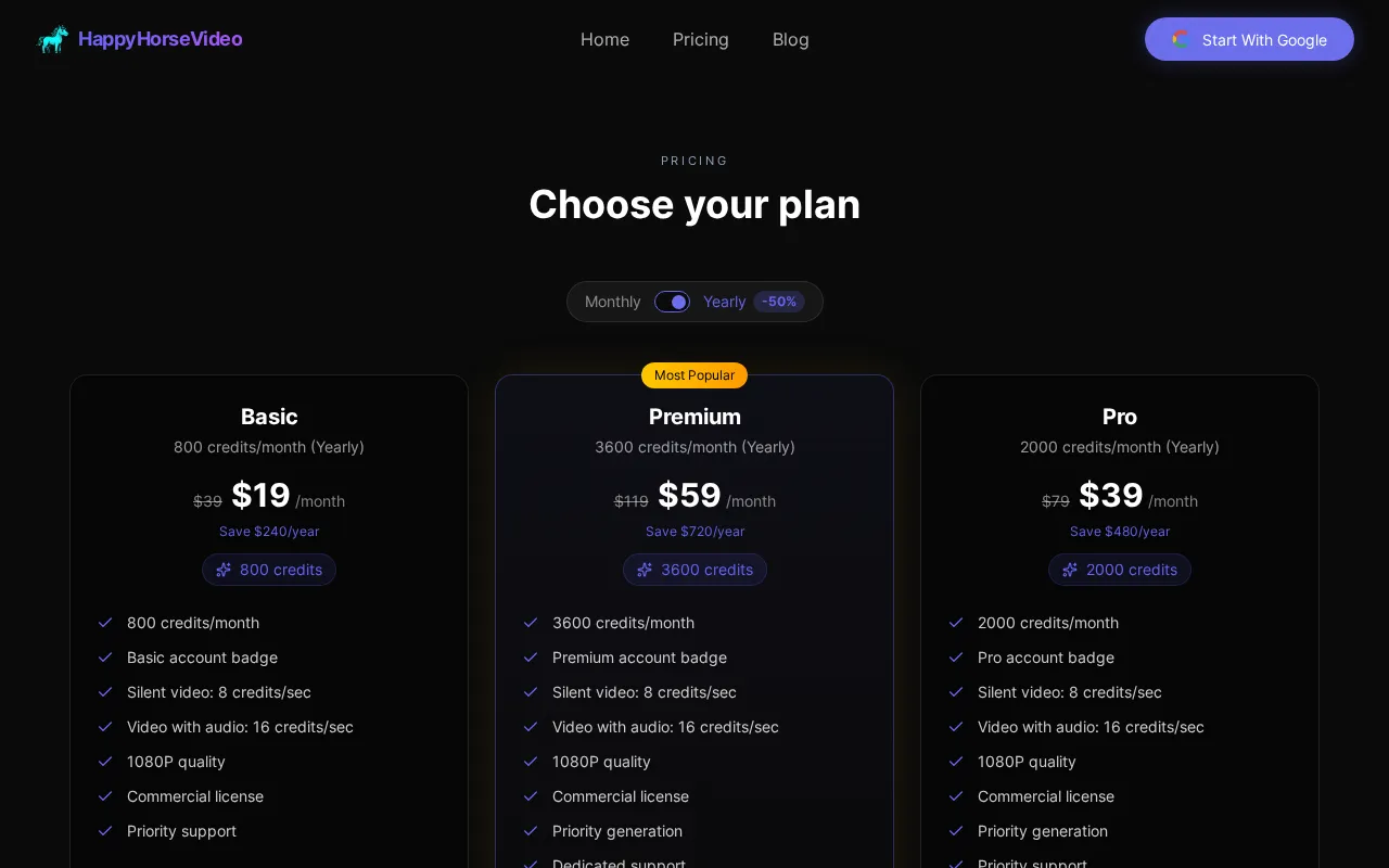 HappyHorse Video — pricing page