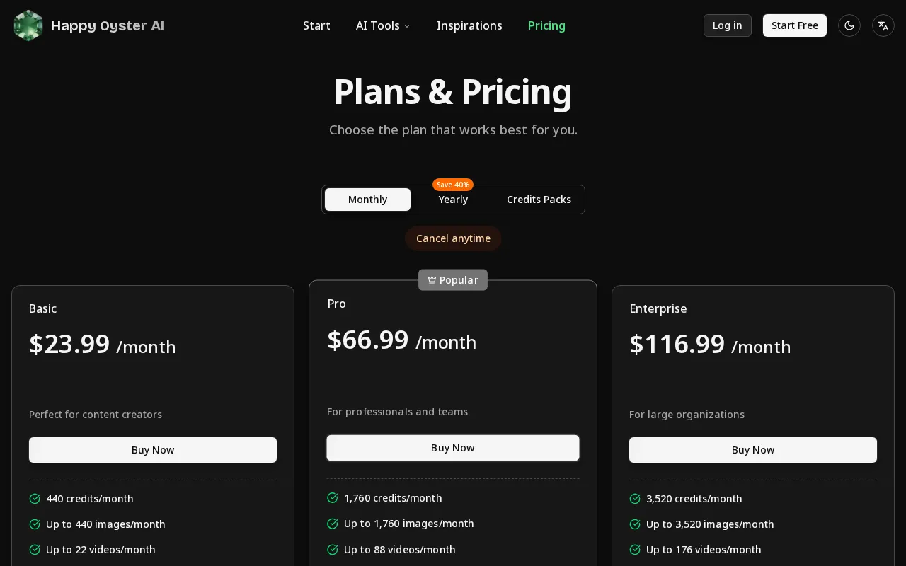 Happy Oyster AI — pricing page