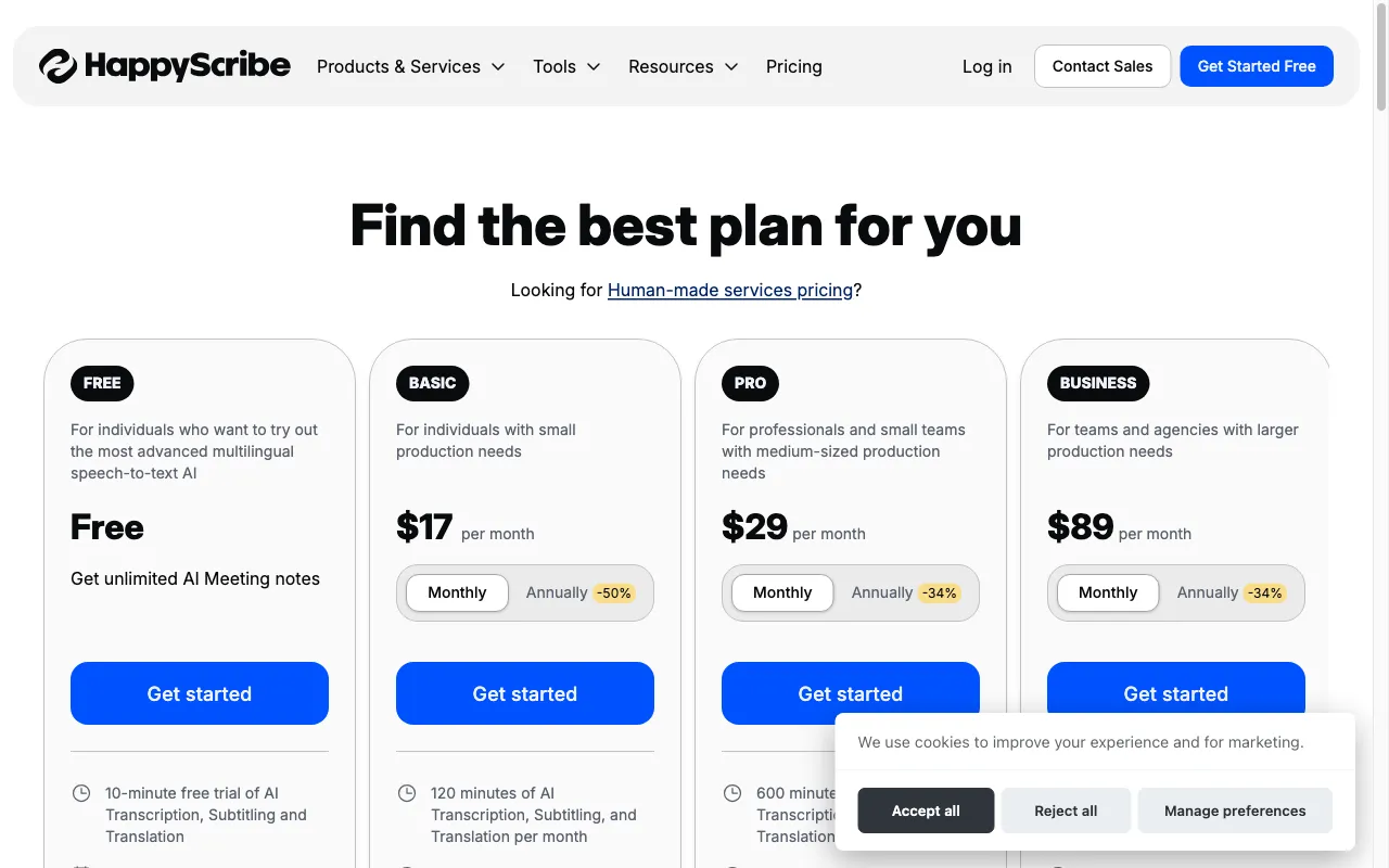 Happy Scribe — pricing page