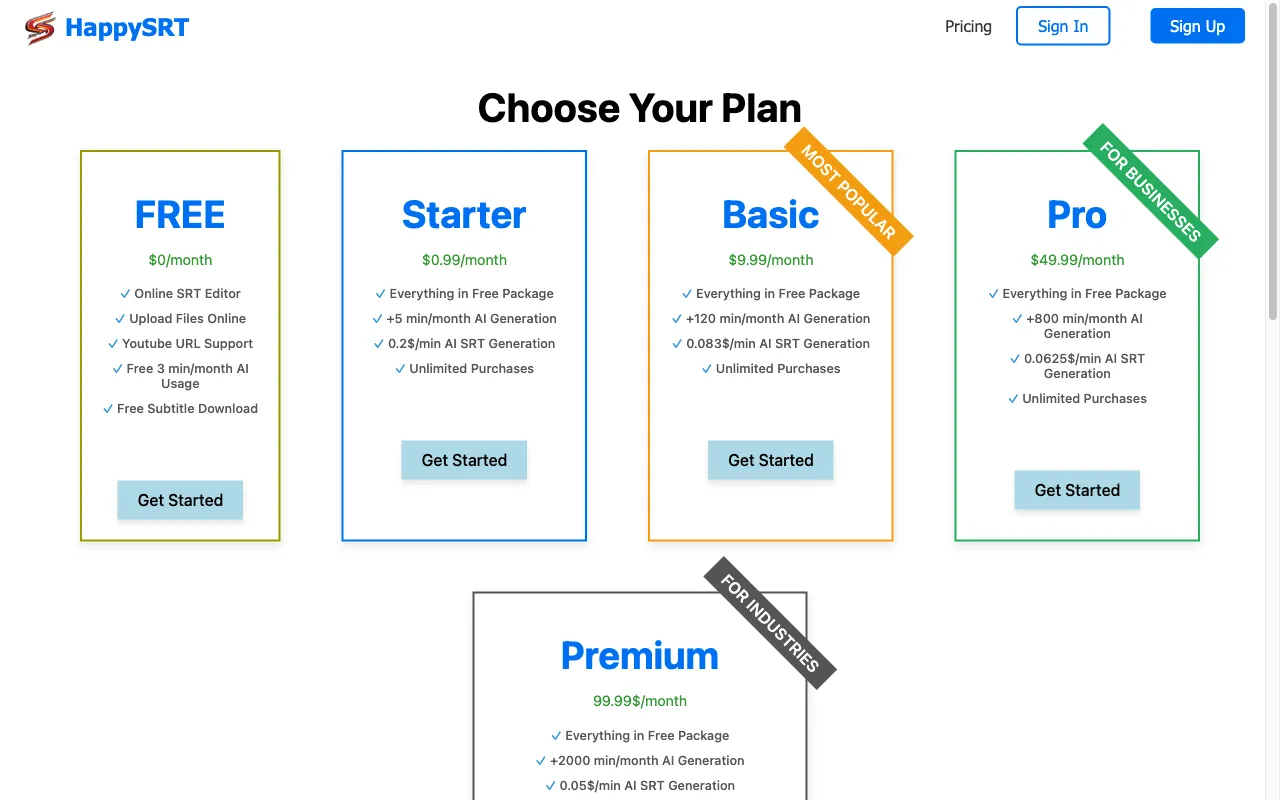 HappySRT — pricing page