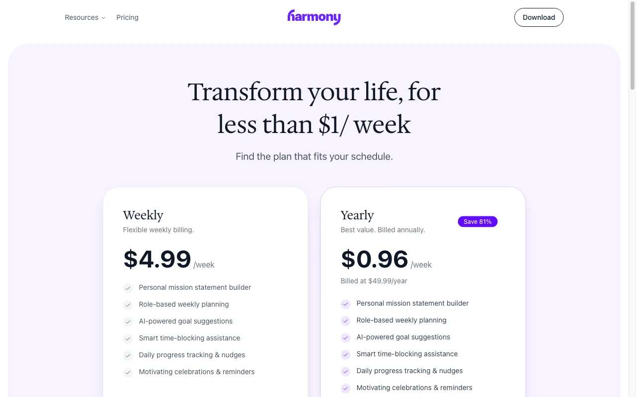 Harmony AI Email Assistant — pricing page
