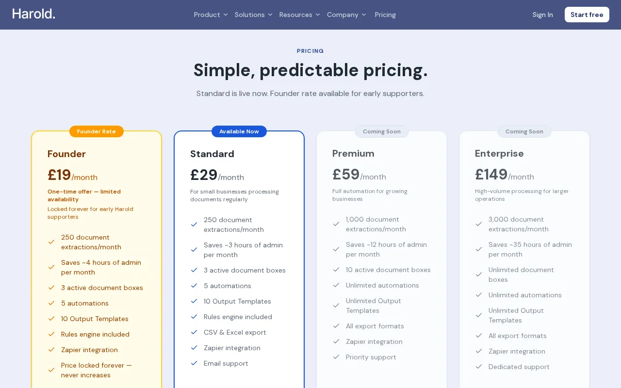 Harold — pricing page