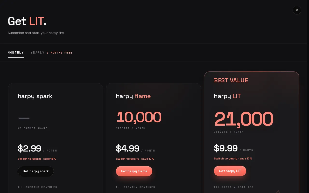 harpy.chat — pricing page